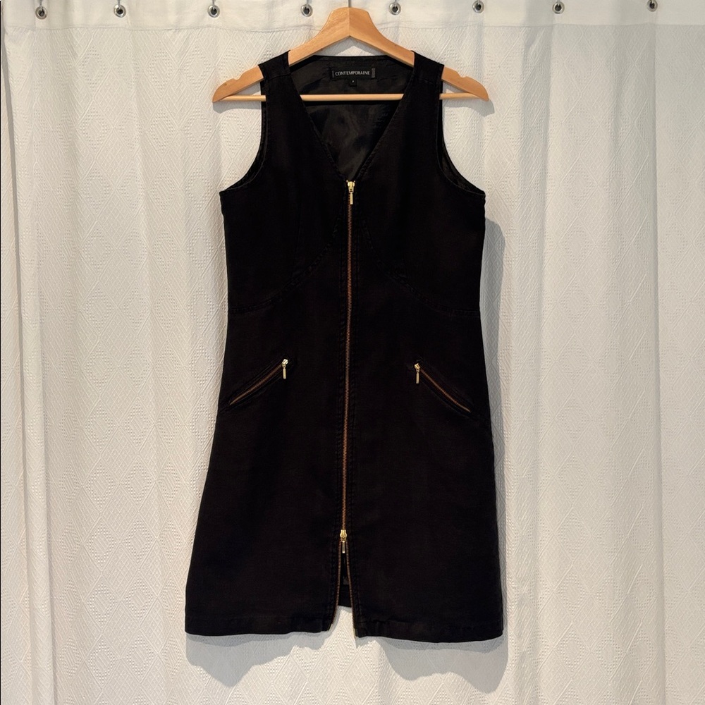 Black Linen Zip-Up Sleeveless Dress